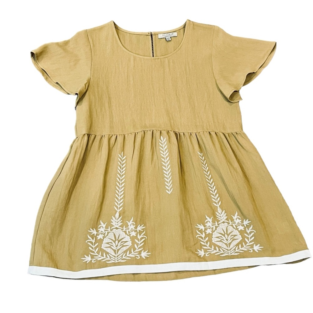 POLAGRAM blouse shirt top size Medium yellow/green embroidered flower design